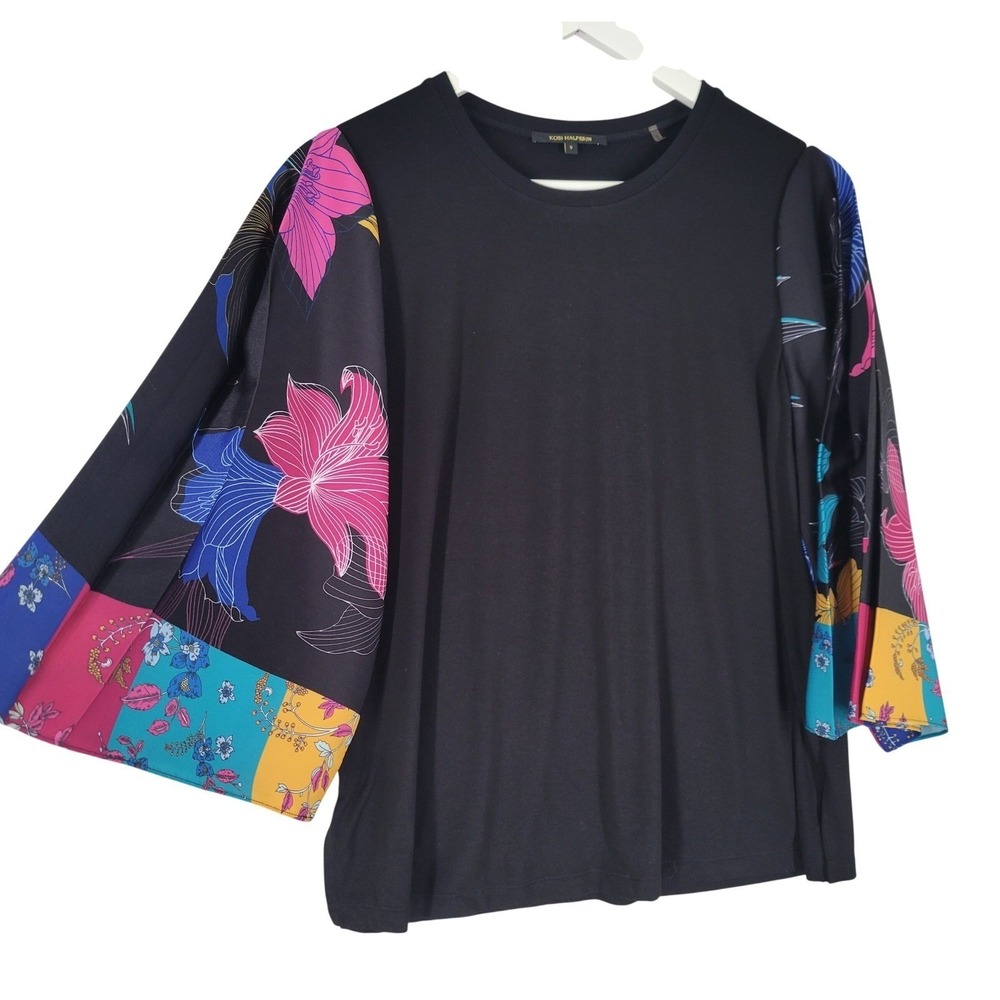 Kobi‎ Halperin Floral Bell Sleeve Jersey Top Women S Black Mixed Media Artsy